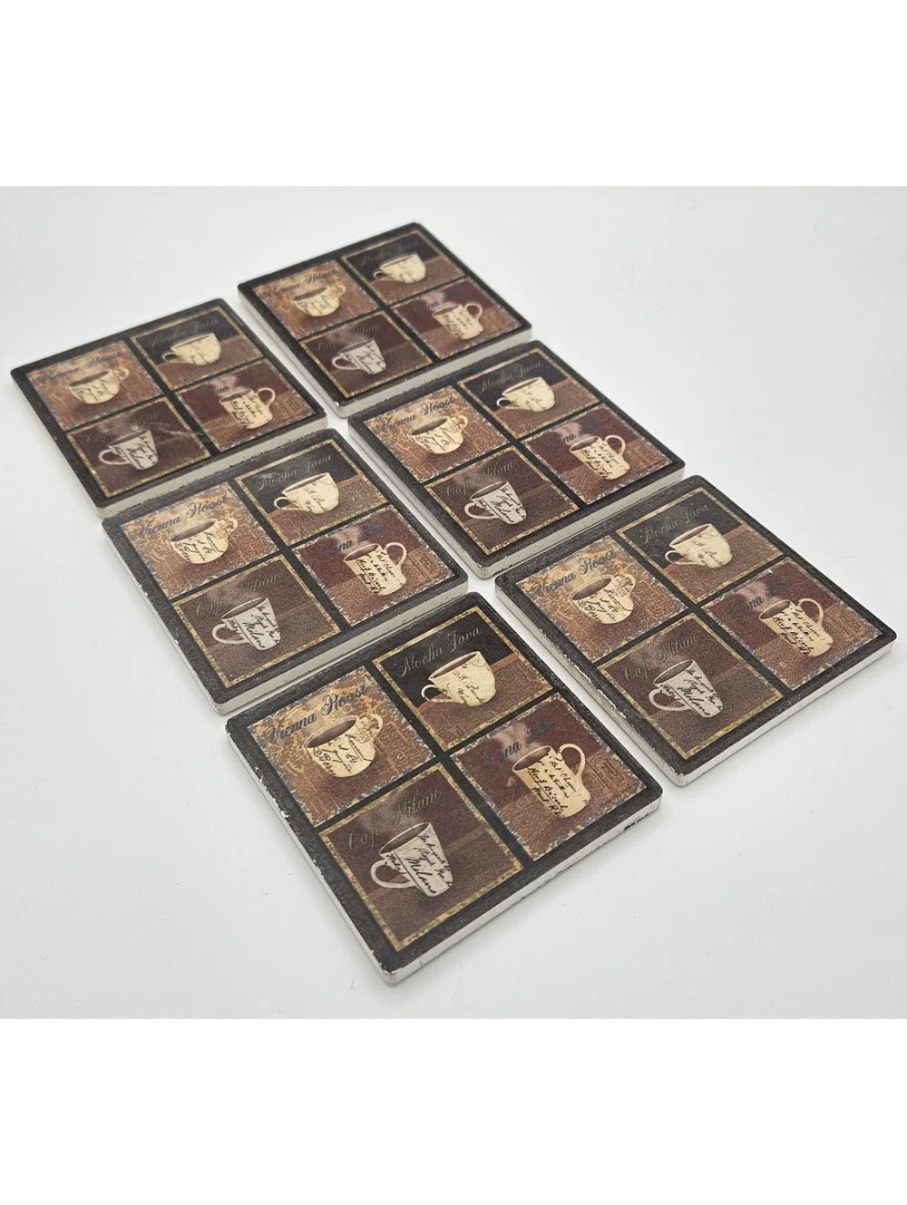 Set of 6 Square Ceramic & Cork Non-Slip Coasters, Coffee & Tea Pattern